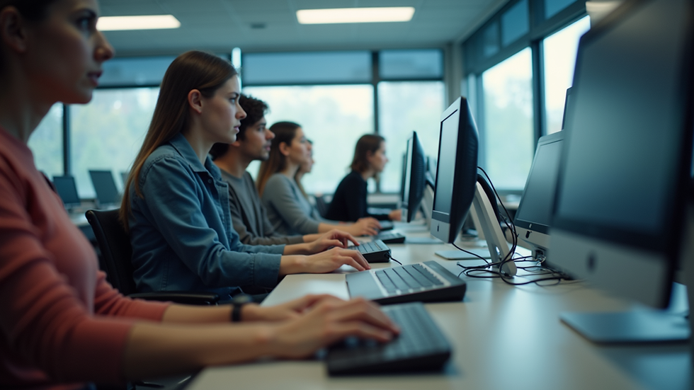 Eye-level view of a modern school computer lab with students using digital devices