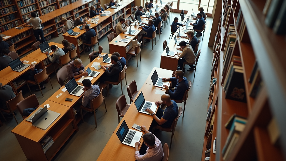 High angle view of students working on laptops in a university library in Botswana