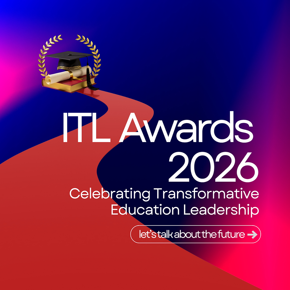 ITL Awards 2026 poster with a graduation cap, diploma, and laurel on a wavy red path. Text: Celebrating Transformative Education Leadership.