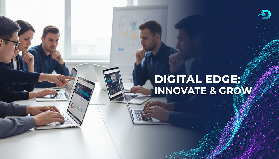 Team of coworkers in a bright office review laptops in a meeting; overlay reads DIGITAL EDGE: INNOVATE & GROW