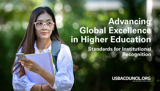 Young woman with glasses holding phone and notebooks on a leafy campus; text reads Advancing Global Excellence in Higher Education and USBACOUNCIL.ORG