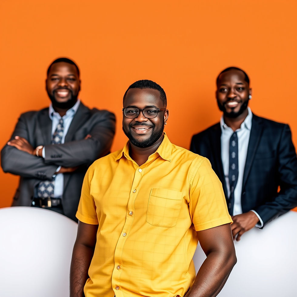 Three men smiling; one in a yellow shirt in foreground, two in suits behind. Orange background creates a vibrant, cheerful mood.