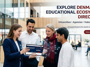 Four people in a bright atrium view a tablet, smiling; text reads Explore Denmark’s Educational Ecosystem Directory.
