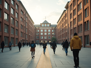 Eye-level view of a university campus in Warsaw with students walking between buildings