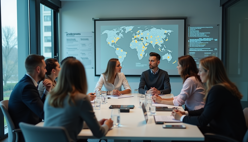 Business meeting with seven people around a table, discussing a projected world map and data slides in a modern glass conference room.