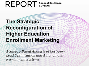 Enrollment report cover by Software Verdict. Title: Strategic Reconfiguration of Higher Ed Enrollment Marketing. Abstract pattern background.
