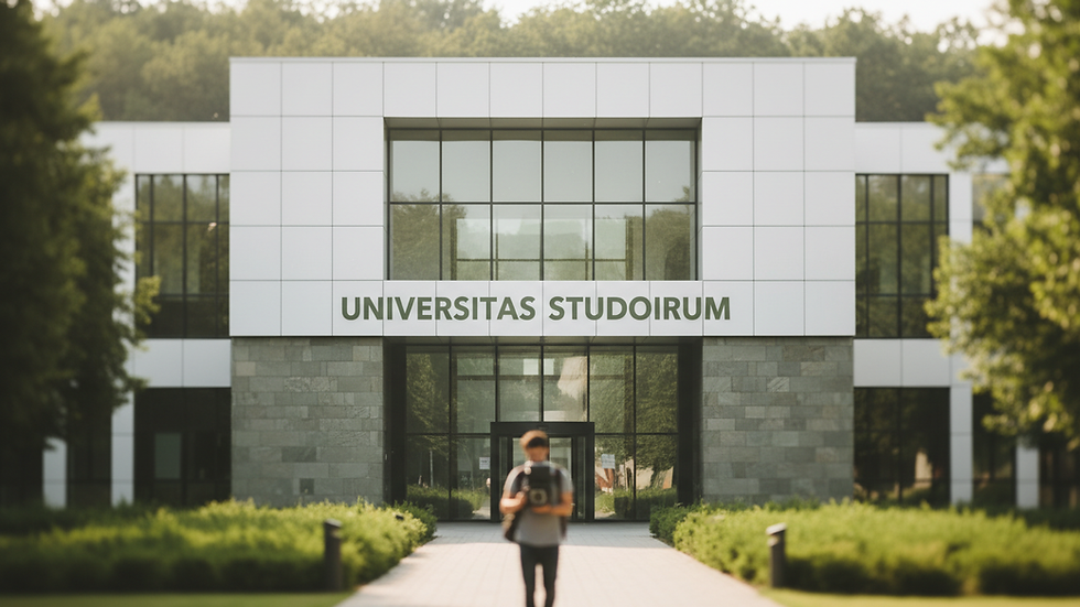 Eye-level view of a modern university campus with academic buildings