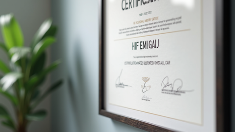 Close-up view of a certificate framed on a wall with digital business strategy title