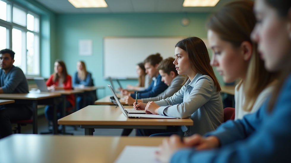 Eye-level view of a classroom with students engaged in digital strategy learning