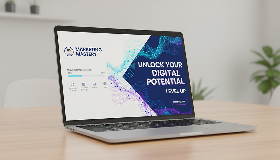 Eye-level view of a laptop displaying a digital marketing course dashboard