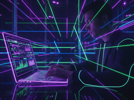 Eye-level view of a professional working on a laptop with digital charts on screen