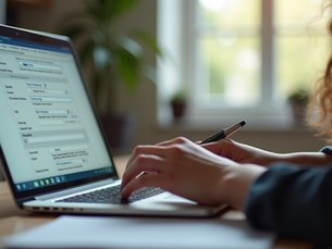 Eye-level view of a student using a laptop to fill out a college application form