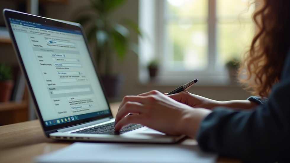 Eye-level view of a student using a laptop to fill out a college application form