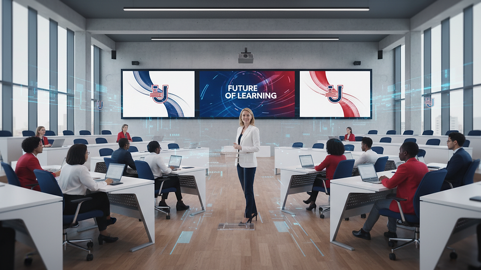 Eye-level view of a modern university lecture hall with digital screens