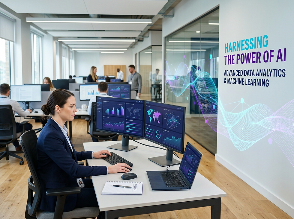 Eye-level view of a modern office with AI data analytics on screens