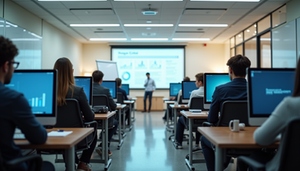 Eye-level view of a modern classroom with students engaged in digital strategy training