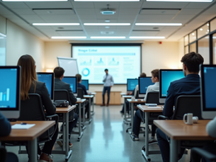 Eye-level view of a modern classroom with students engaged in digital strategy training