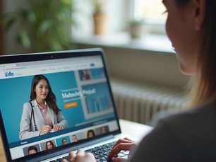 Eye-level view of a student using a laptop with multilingual education portal on screen