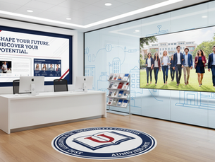 Eye-level view of a modern school admissions office with digital screens