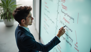 High angle view of a young professional planning digital strategy on a whiteboard