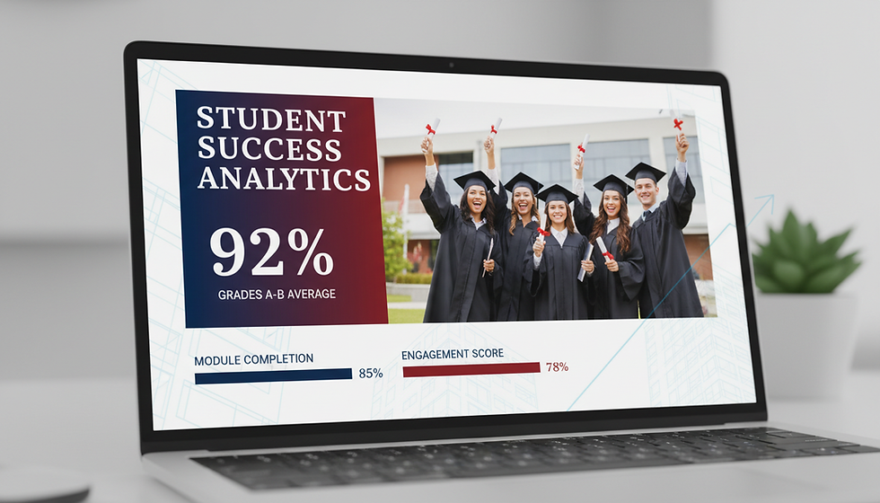 Laptop screen showing "Student Success Analytics" with graduates in caps and gowns holding diplomas. Text shows 92% A-B grades average.