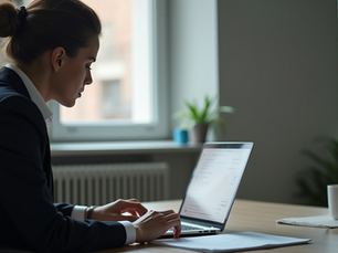 Eye-level view of a professional studying digital business strategy on a laptop
