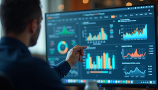 Eye-level view of a project manager analyzing digital strategy charts on a large screen