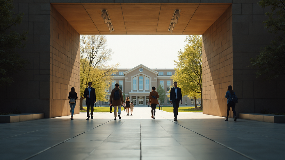 Eye-level view of university campus entrance with students walking
