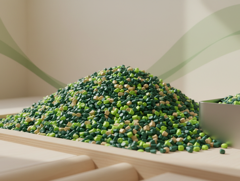 Close-up view of recycled polymer pellets ready for manufacturing