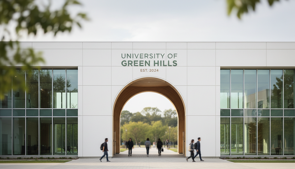 Eye-level view of a modern university campus building