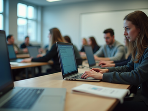 Eye-level view of a classroom with students using laptops and AI language software