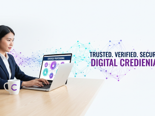 Eye-level view of a professional working on a laptop with digital certification icons