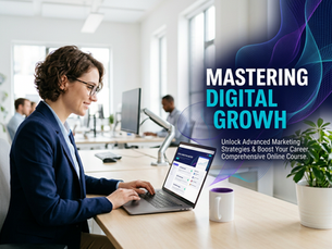 Eye-level view of a professional reading a digital marketing course on a laptop