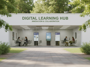 Eye-level view of a modern university campus with digital learning facilities