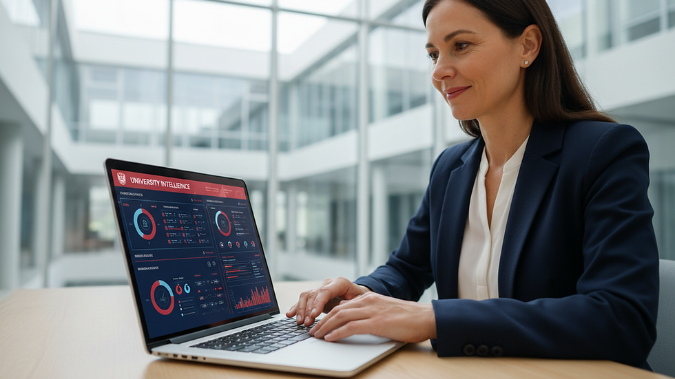 Close-up view of a university administrator using AI dashboard on a laptop