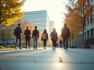 Eye-level view of a modern university campus with students walking
