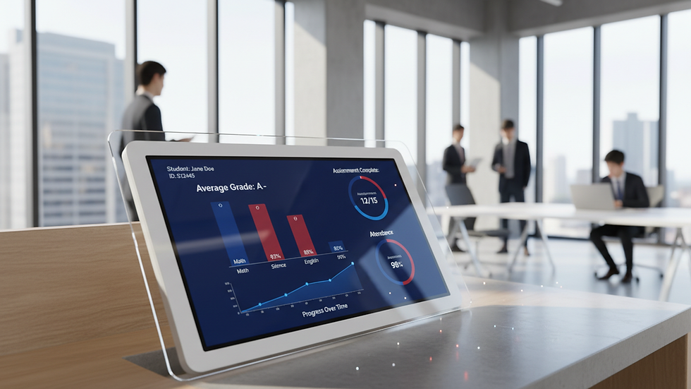 Close-up view of a digital dashboard displaying student performance metrics