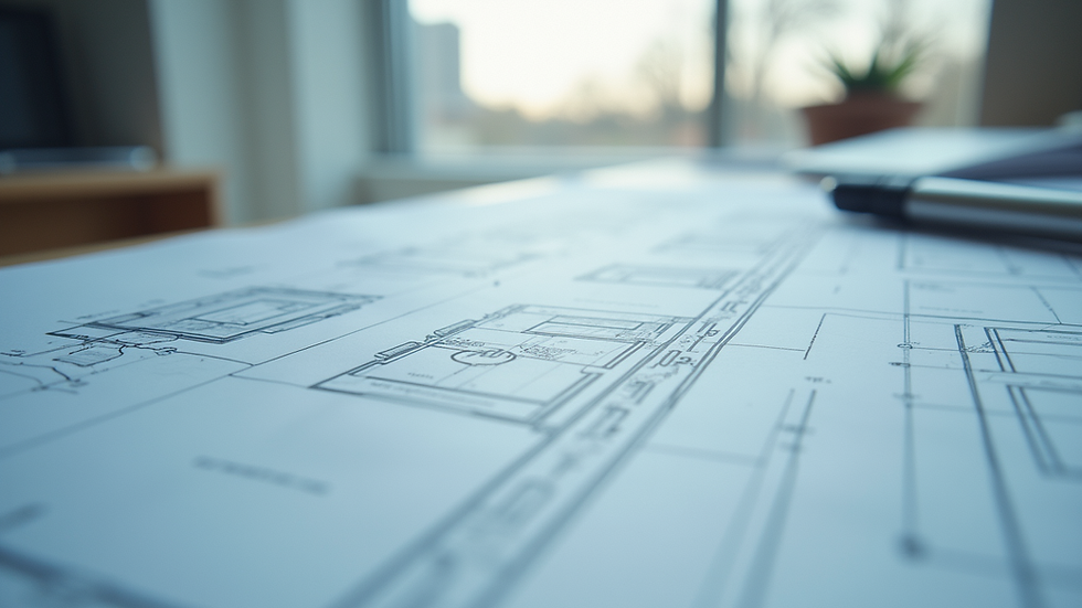 Eye-level view of a blueprint with architectural designs