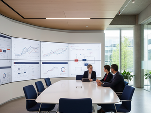 Eye-level view of a modern university administration office with digital screens displaying data