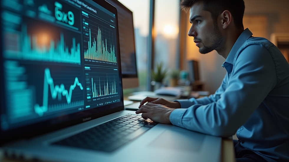 Eye-level view of a young professional working on a laptop with digital charts on screen