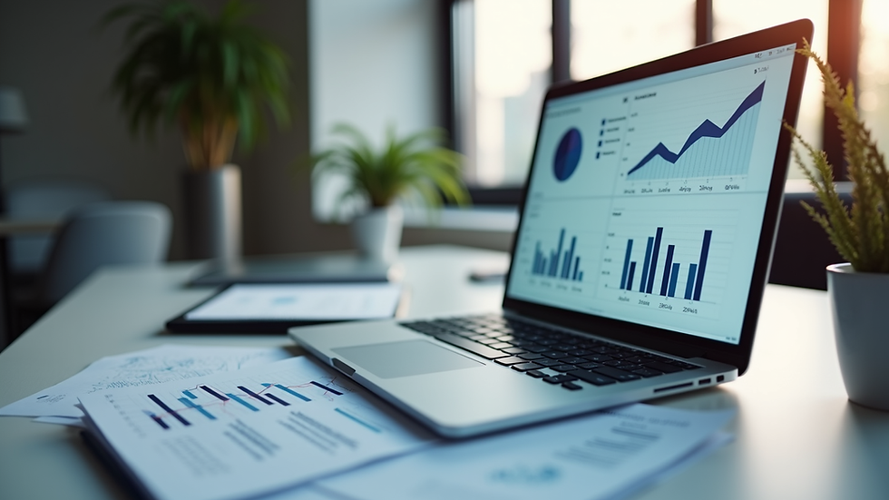 Eye-level view of a modern office workspace with digital strategy charts on a laptop