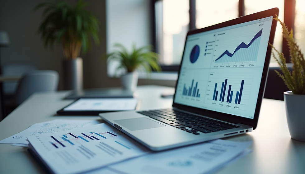Eye-level view of a modern office workspace with digital strategy charts on a laptop