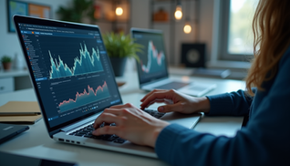 Eye-level view of a professional working on a laptop with digital strategy charts on screen