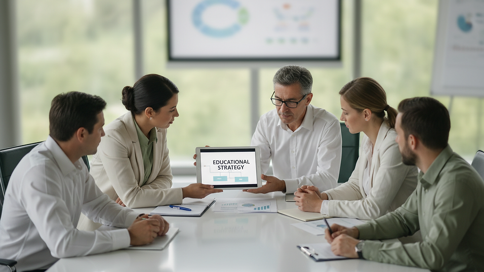 High angle view of a conference room with diverse professionals discussing educational strategy