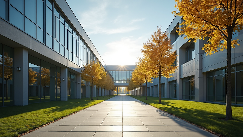 Eye-level view of a modern university campus with AI technology integration