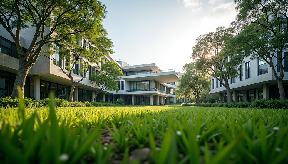Eye-level view of a modern tech campus in Costa Rica with green surroundings