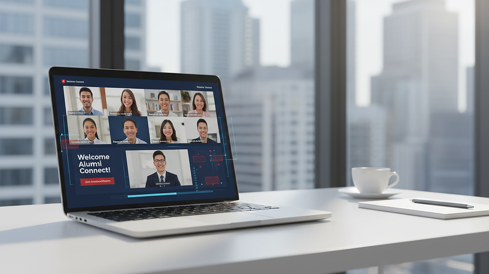 Eye-level view of a laptop displaying a virtual alumni networking event