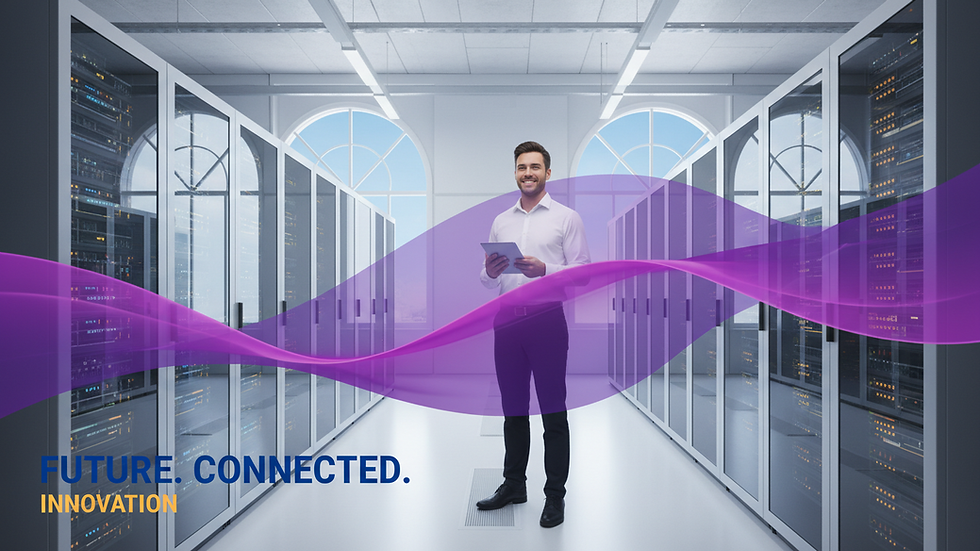 Eye-level view of a server room with blinking network equipment