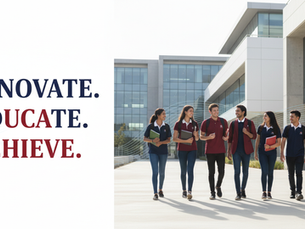 Eye-level view of a modern university campus with students walking between buildings