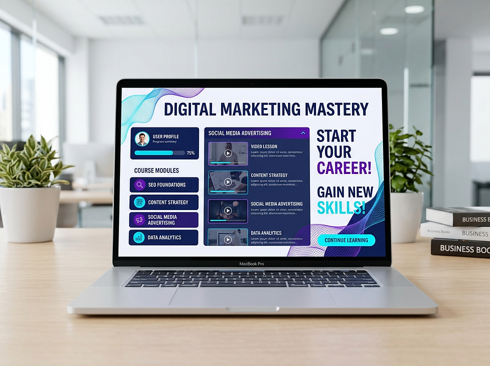 Eye-level view of a laptop displaying a digital marketing course dashboard